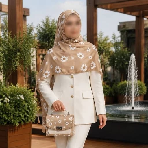 ست کیف و روسری(شال) طرح بابونه کرم ،روسری نخی قواره بزرگ 130