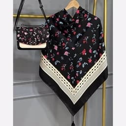 ست کیف و روسری(شال) طرح گلگون مشکی ،روسری نخی قواره بزرگ 130 — تصویر ۲