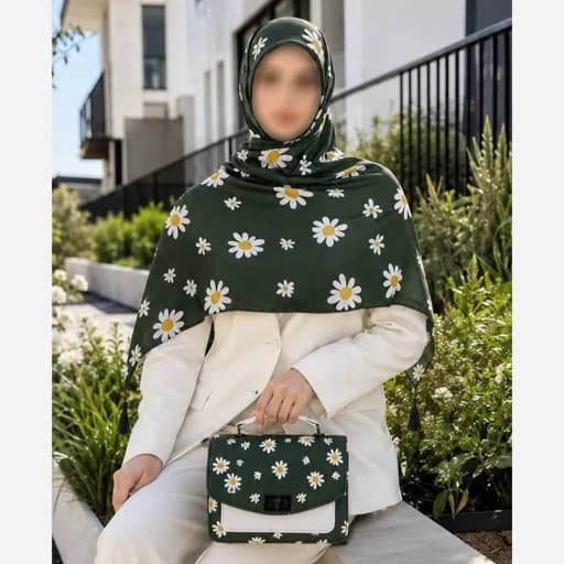 ست کیف و روسری(شال) طرح بابونه سبز ،روسری نخی قواره بزرگ 130