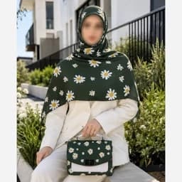 ست کیف و روسری(شال) طرح بابونه سبز ،روسری نخی قواره بزرگ 130 — تصویر ۲