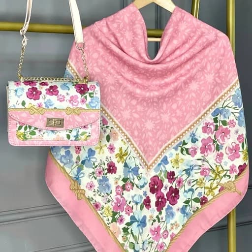 ست کیف و روسری (شال) در5رنگ طرح آنام صورتی برند مونتلا- روسری نخی قواره 130