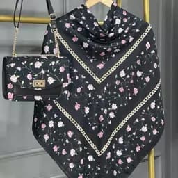ست کیف و روسری (شال) طرح گلسار مشکی برند مونتلا روسری نخی قواره 130 — تصویر ۲