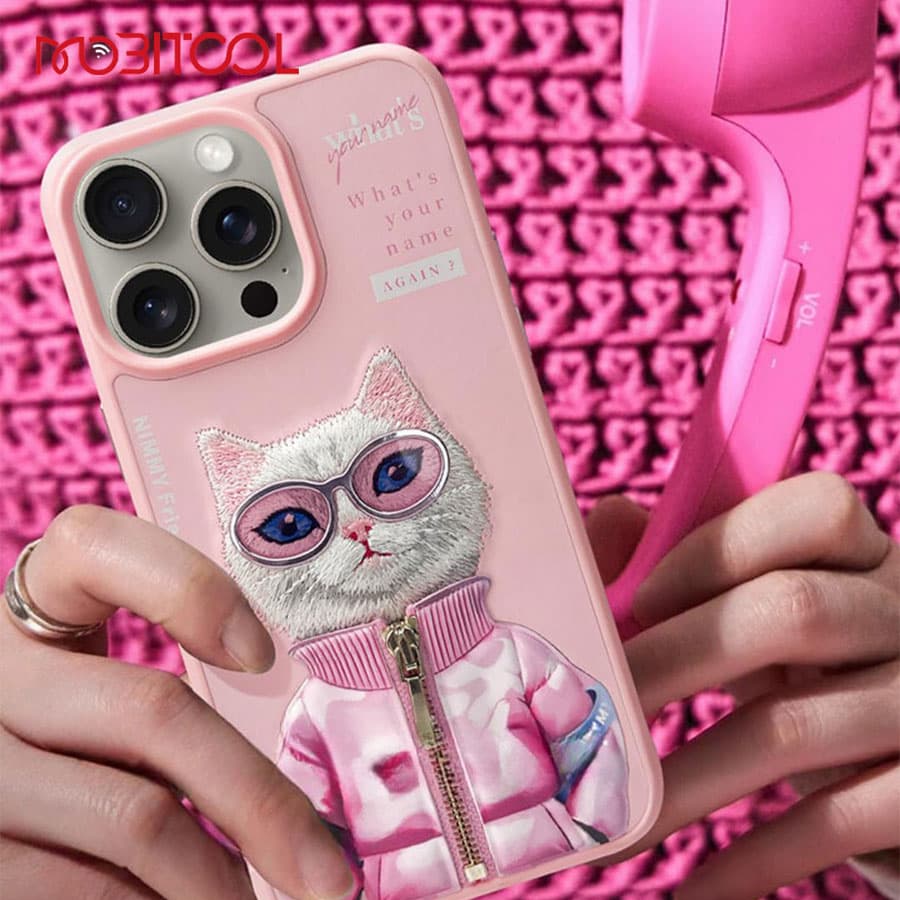 قاب گوشی آیفون 16 پرو مکس فانتزی طرح گربه با عینک و زیپ واقعی نیمی Nimmy Pet 3D Embroidery Cool Cute iPhone 16 Pro Max — تصویر ۶