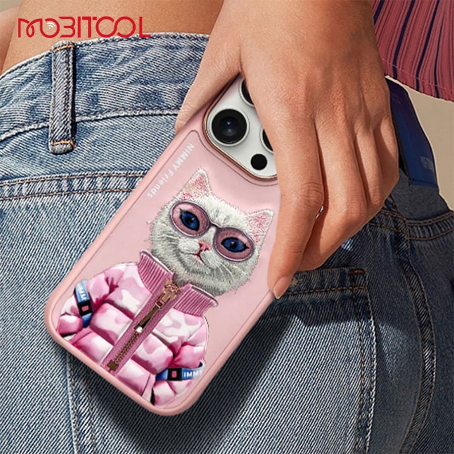 قاب گوشی آیفون 16 پرو مکس فانتزی طرح گربه با عینک و زیپ واقعی نیمی Nimmy Pet 3D Embroidery Cool Cute iPhone 16 Pro Max — تصویر ۸