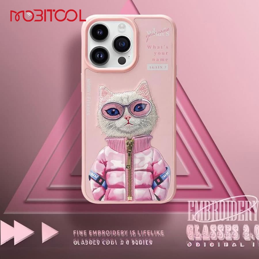 قاب گوشی آیفون 16 پرو مکس فانتزی طرح گربه با عینک و زیپ واقعی نیمی Nimmy Pet 3D Embroidery Cool Cute iPhone 16 Pro Max — تصویر ۷