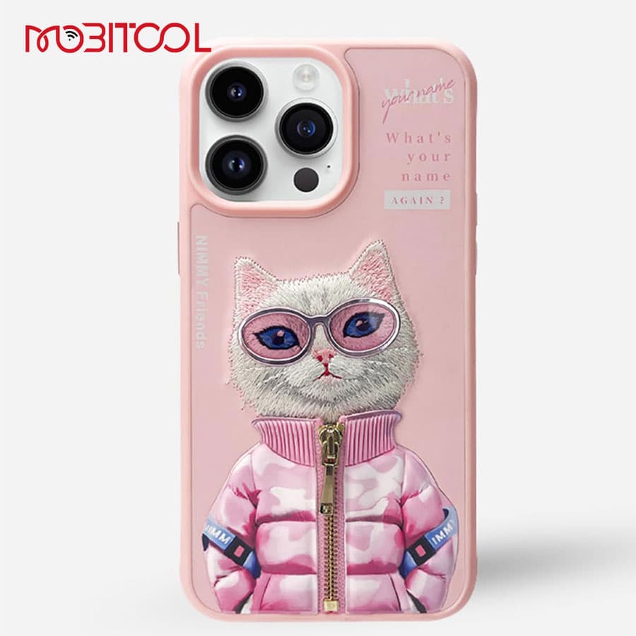 قاب گوشی آیفون 16 پرو مکس فانتزی طرح گربه با عینک و زیپ واقعی نیمی Nimmy Pet 3D Embroidery Cool Cute iPhone 16 Pro Max — تصویر ۴
