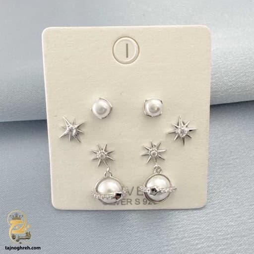 گوشواره نقره میخی کهکشان و ستاره سه جفتی مدل ESW E56