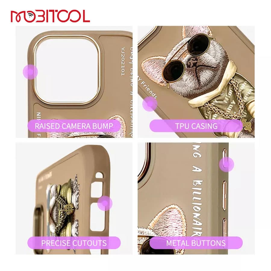 قاب گوشی آیفون 16 پرو مکس سگ بولداگ با زنجیر و عینک واقعی نیمی Nimmy Cool Glasses Brown Little Rich Tycoon iPhone 16 Pro Max — تصویر ۳