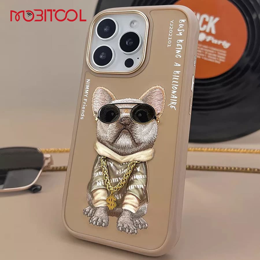 قاب گوشی آیفون 16 پرو مکس سگ بولداگ با زنجیر و عینک واقعی نیمی Nimmy Cool Glasses Brown Little Rich Tycoon iPhone 16 Pro Max — تصویر ۶
