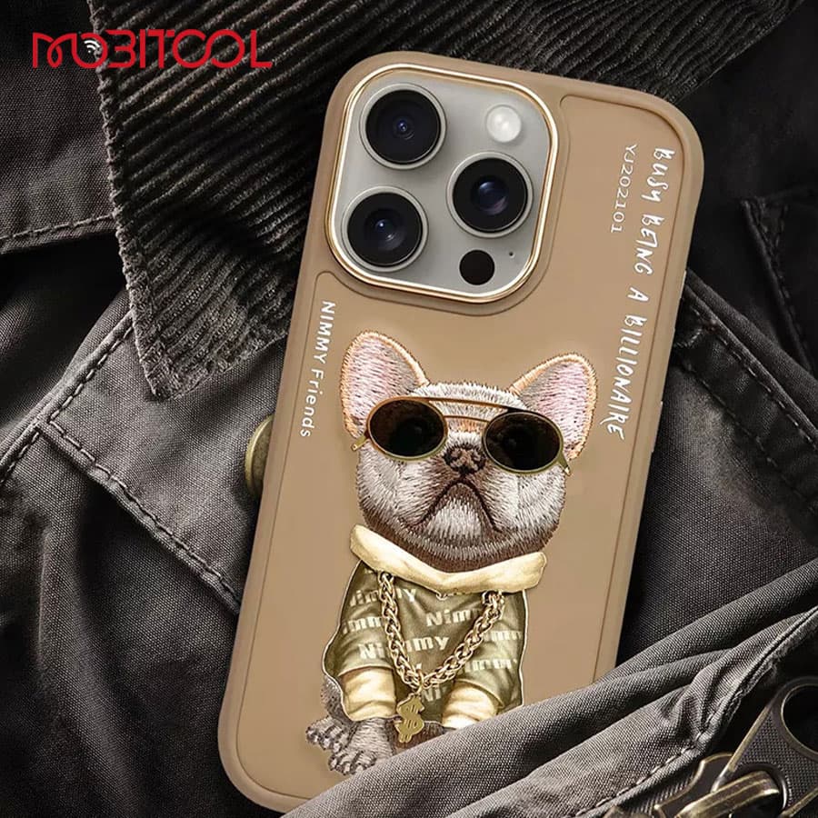 قاب گوشی آیفون 16 پرو مکس سگ بولداگ با زنجیر و عینک واقعی نیمی Nimmy Cool Glasses Brown Little Rich Tycoon iPhone 16 Pro Max — تصویر ۵