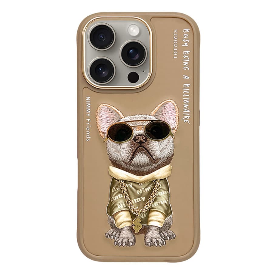 قاب گوشی آیفون 16 پرو مکس سگ بولداگ با زنجیر و عینک واقعی نیمی Nimmy Cool Glasses Brown Little Rich Tycoon iPhone 16 Pro Max