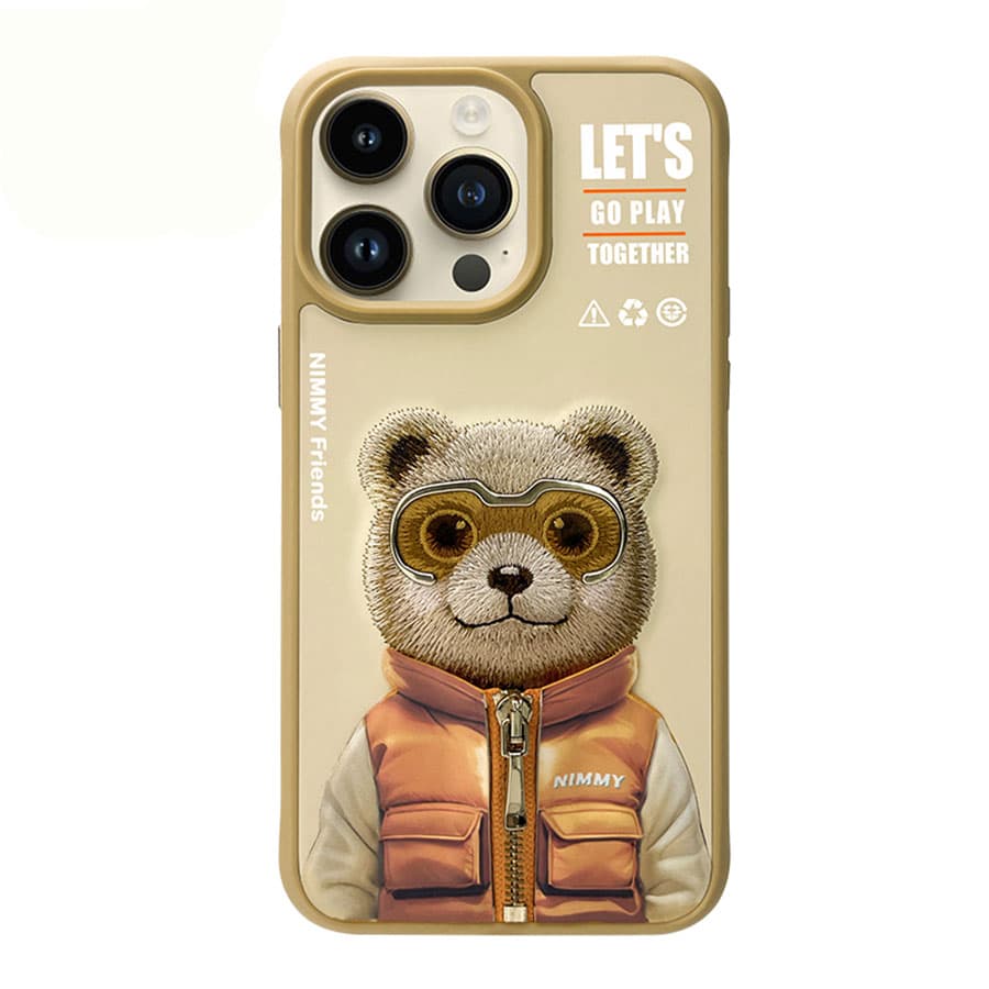 قاب گوشی آیفون 16 پرو مکس طرح خرس با عینک و زیپ واقعی نیمی Nimmy Cool Cute Brown Bear iPhone 16 Pro Max