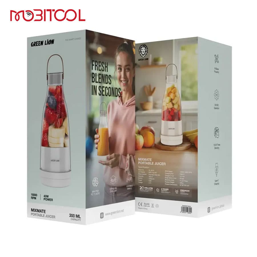 مخلوط‌ کن و شیکر شارژی گرین لاین Green Lion Mixmate Portable Juicer 300ML GNMIXMT40 — تصویر ۳