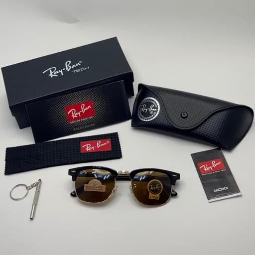عینک آفتابی ریبن rayban کلاب مستر شیشه سنگ قهوه ای فریم طلایی rb 3016 به همراه پک کامل