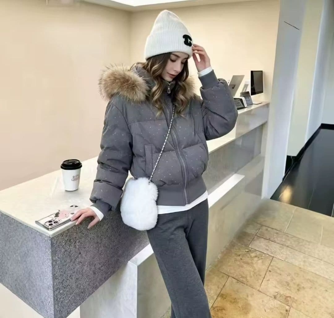 کاپشن نگین دار کلاه خز دار دخترانه و زنانه کد g9615 — تصویر ۵