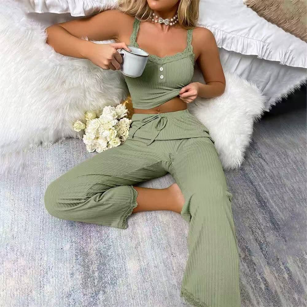 ست دو تیکه راحتی تاپ و شلوار پنبه کبریتی دخترانه و زنانه کد 8981 — تصویر ۳