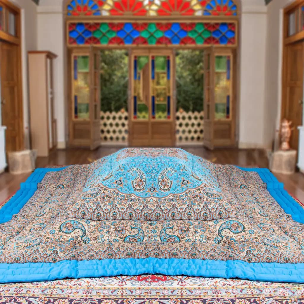 لحاف کرسی دست دوز ترمه طرح نسترن رنگ آبی — تصویر ۲