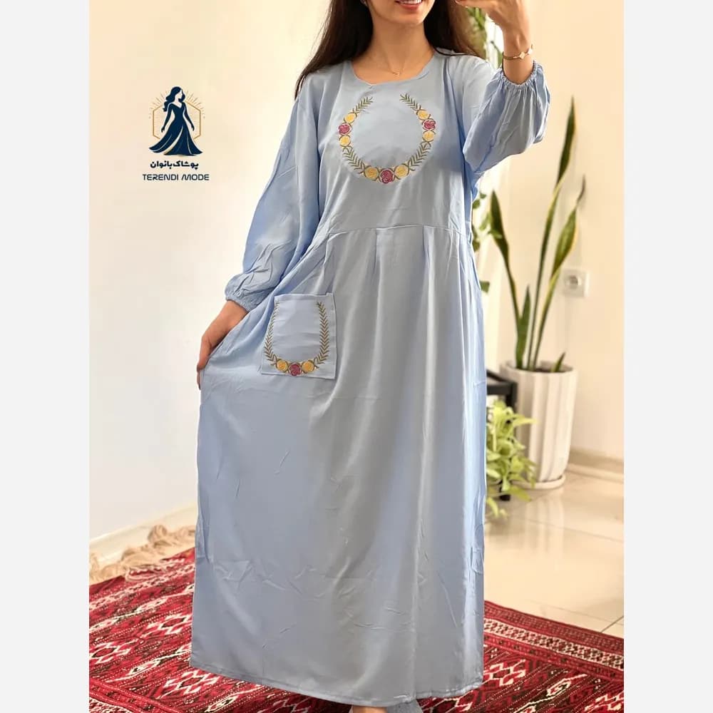 ساحلی گلدوزی تک جیب زنانه جنس نخ ململ رنگ زیتون خنک تابستانه — تصویر ۴