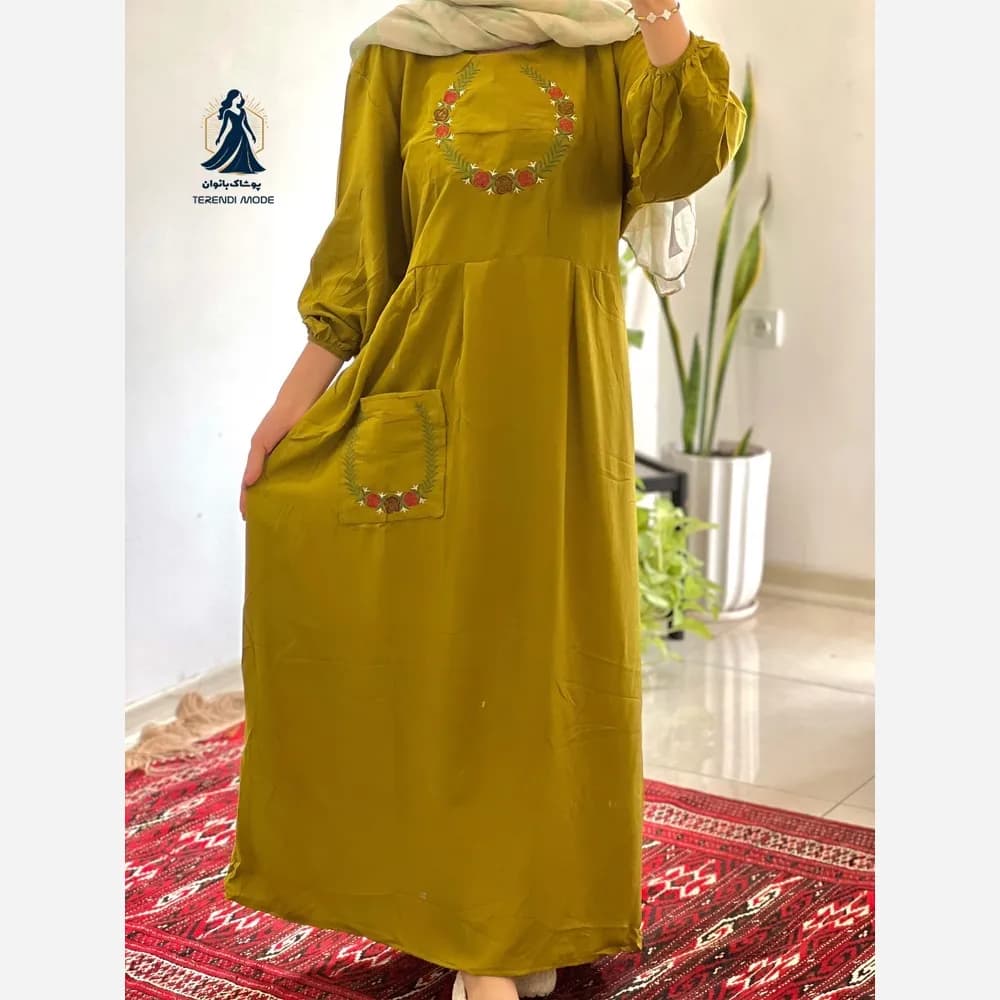 ساحلی گلدوزی تک جیب زنانه جنس نخ ململ رنگ زیتون خنک تابستانه — تصویر ۲