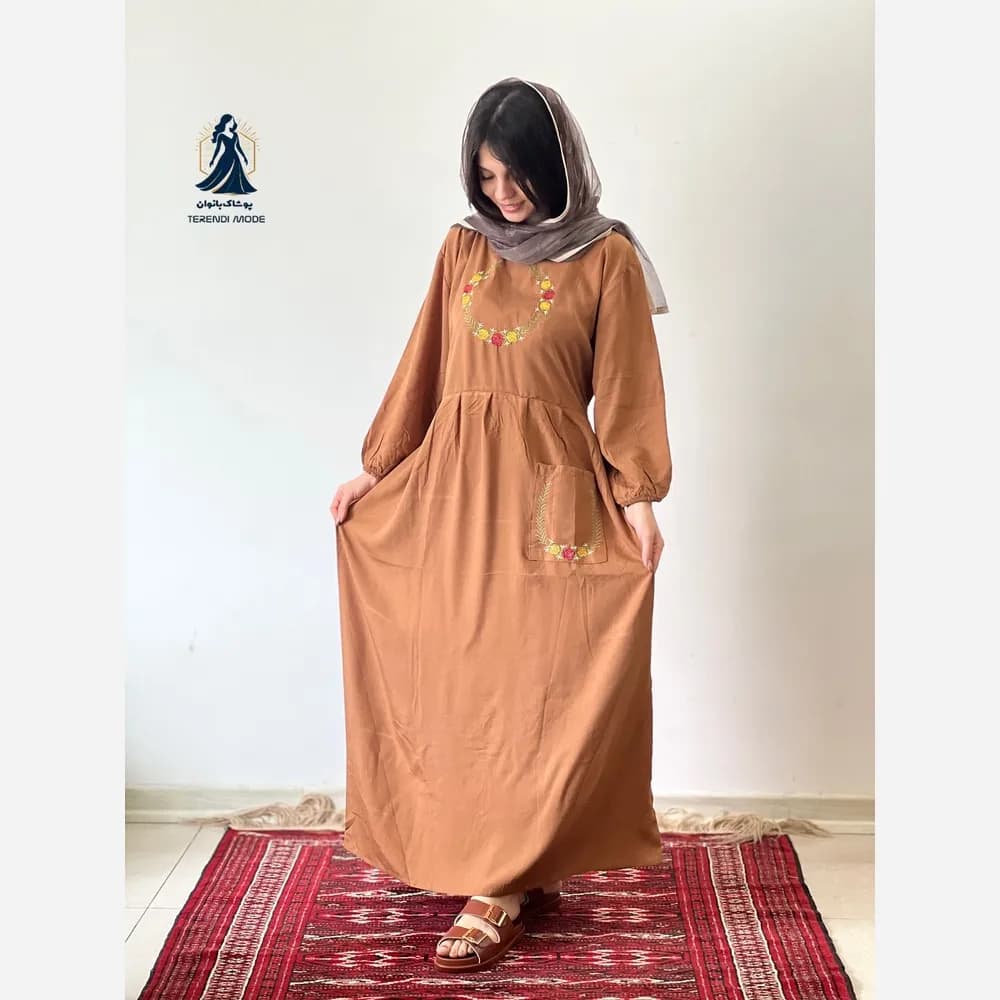ساحلی گلدوزی تک جیب زنانه جنس نخ ململ رنگ زیتون خنک تابستانه — تصویر ۵