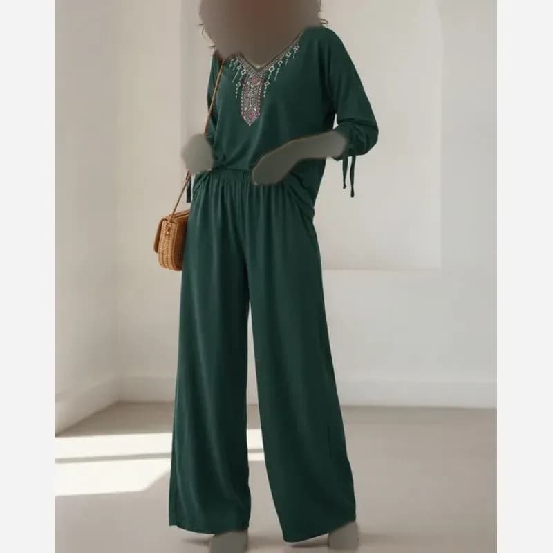 بلوز و شلوار نخی زنانه سبز یشمی فری سایز — تصویر ۳
