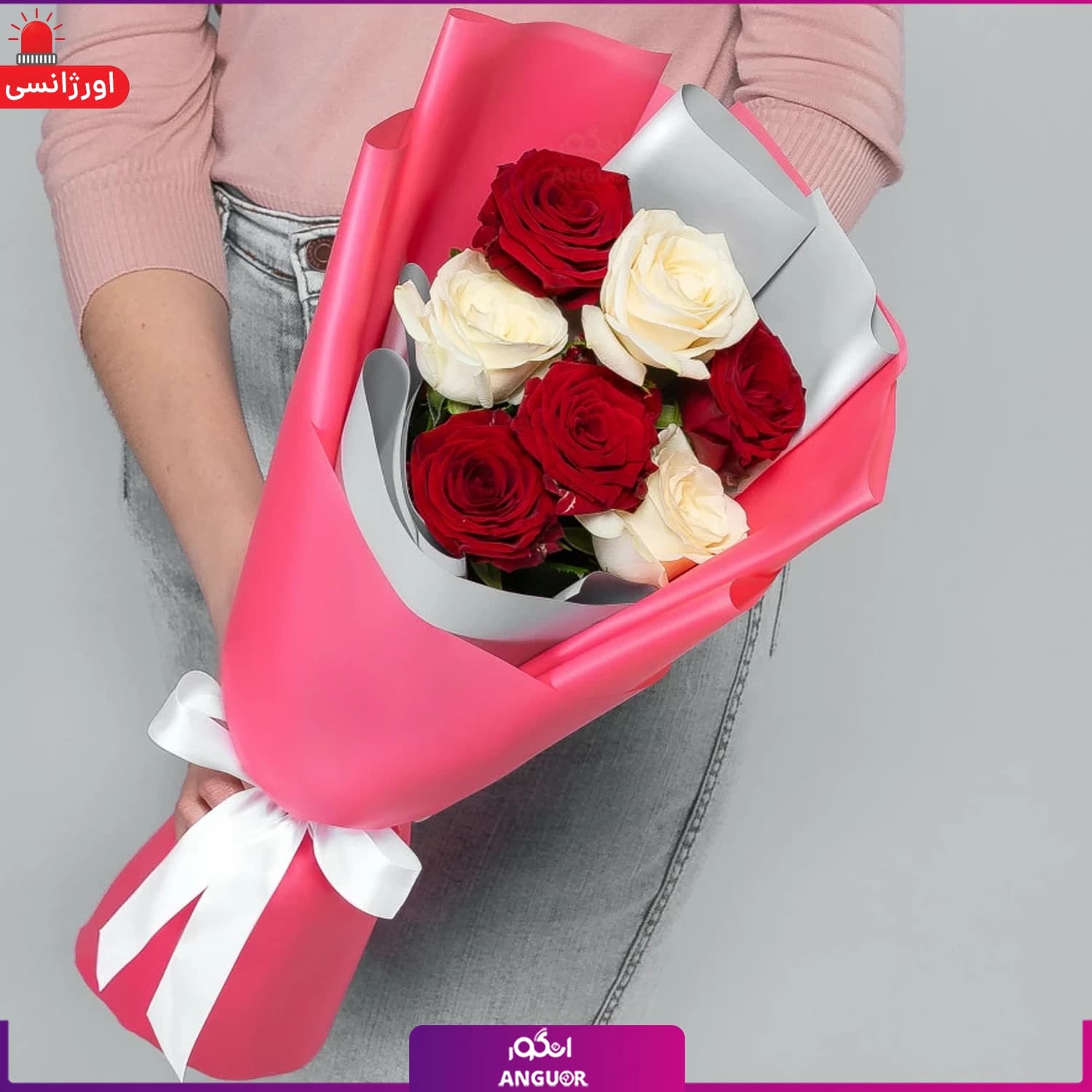 دسته گل رز سفید و قرمز (7 شاخه)