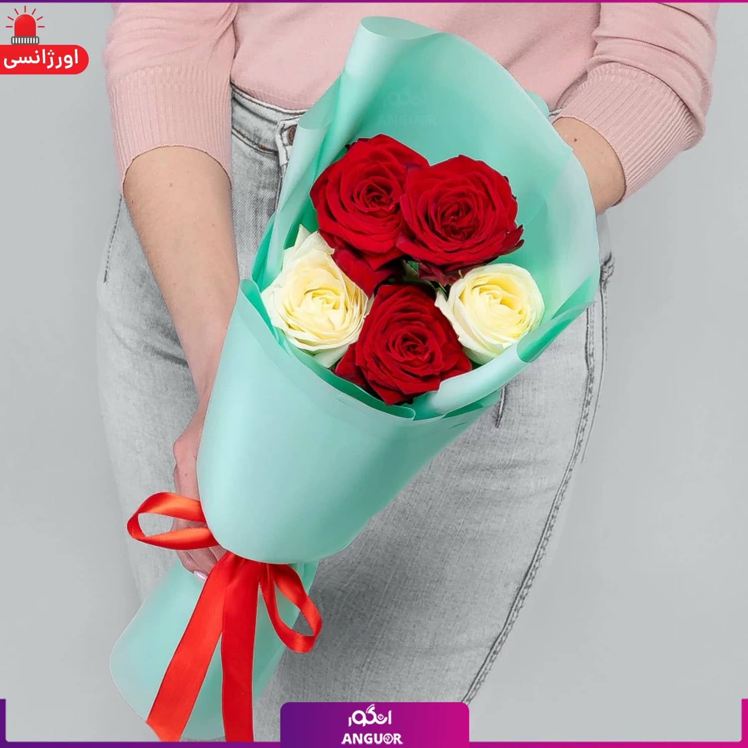 دسته گل رز سفید و قرمز (5 شاخه)