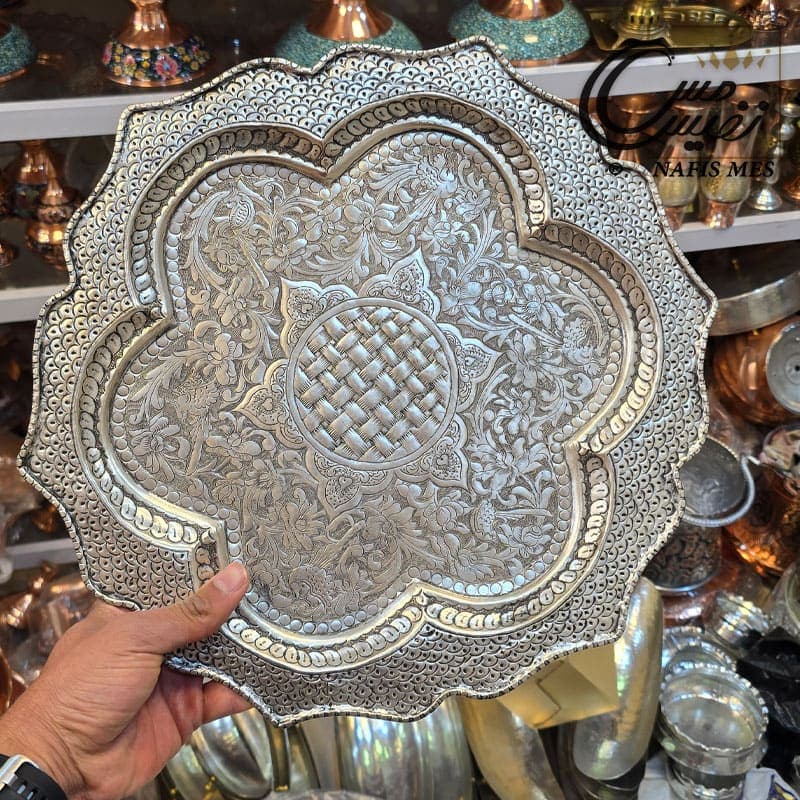 سینی مسی آب نقره قلم کاری شده ترنج