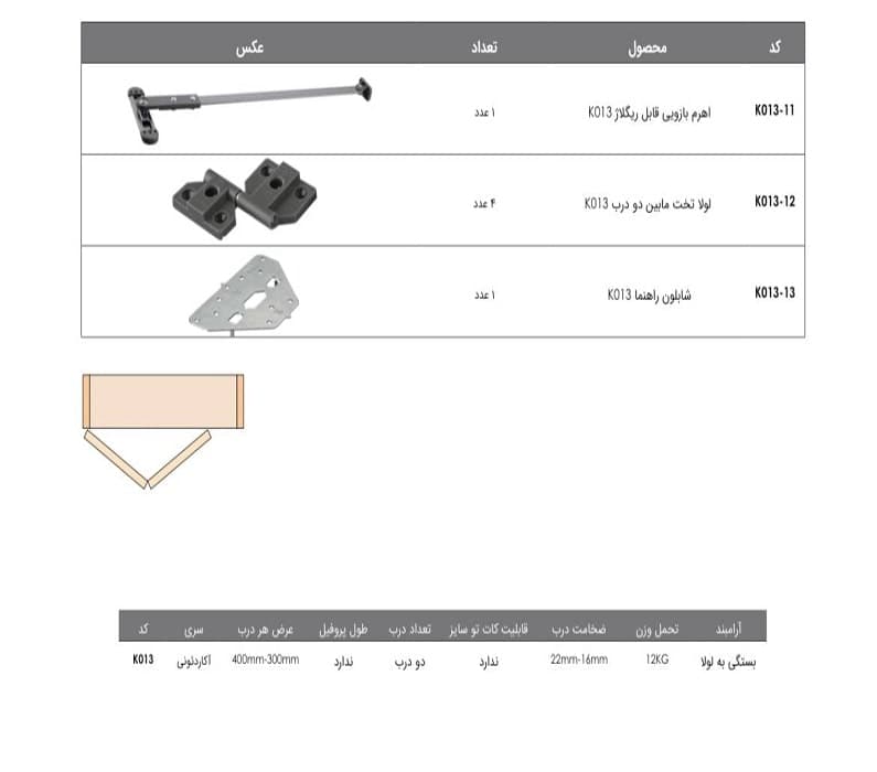 مکانیزم درب تاشو آکاردئونی دو درب حداکثر عرض 80 سانتی متر فانتونی کد K013 — تصویر ۲