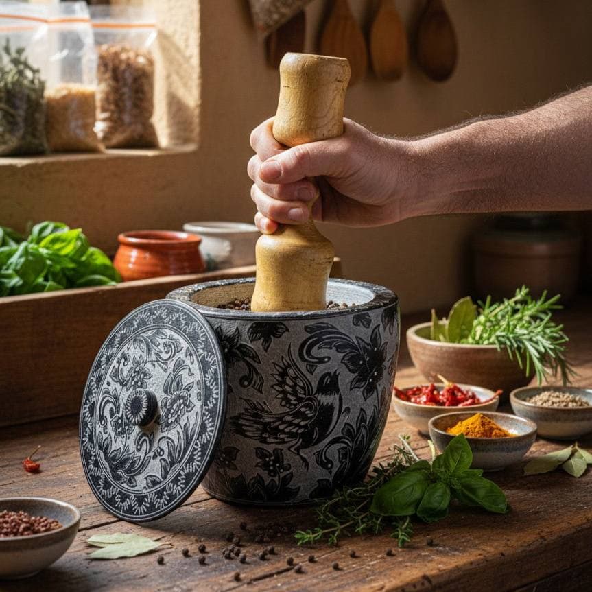 هاون سنگی طرح ققنوس با درب سنگی