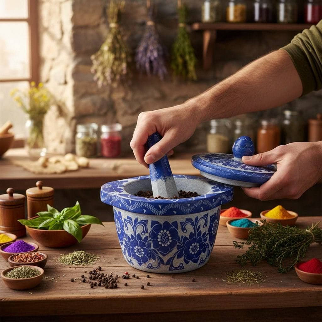 هاون سنگی طرح رز با درب سنگی