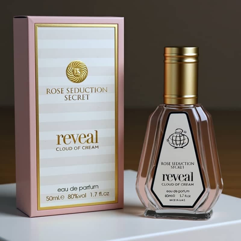 عطر ادکلن زنانه ویکتوریا سکرت تیس کرم کلاود فراگرنس ورد مدل رز سداکشن سکرت رویال کلود آف کرم (Fragrance World Rose Seduction Secret Reveal Cloud Of Creme) حجم 50 میل — تصویر ۲
