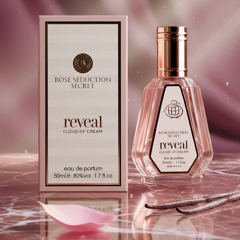 عطر ادکلن زنانه ویکتوریا سکرت تیس کرم کلاود فراگرنس ورد مدل رز سداکشن سکرت رویال کلود آف کرم (Fragrance World Rose Seduction Secret Reveal Cloud Of Creme) حجم 50 میل