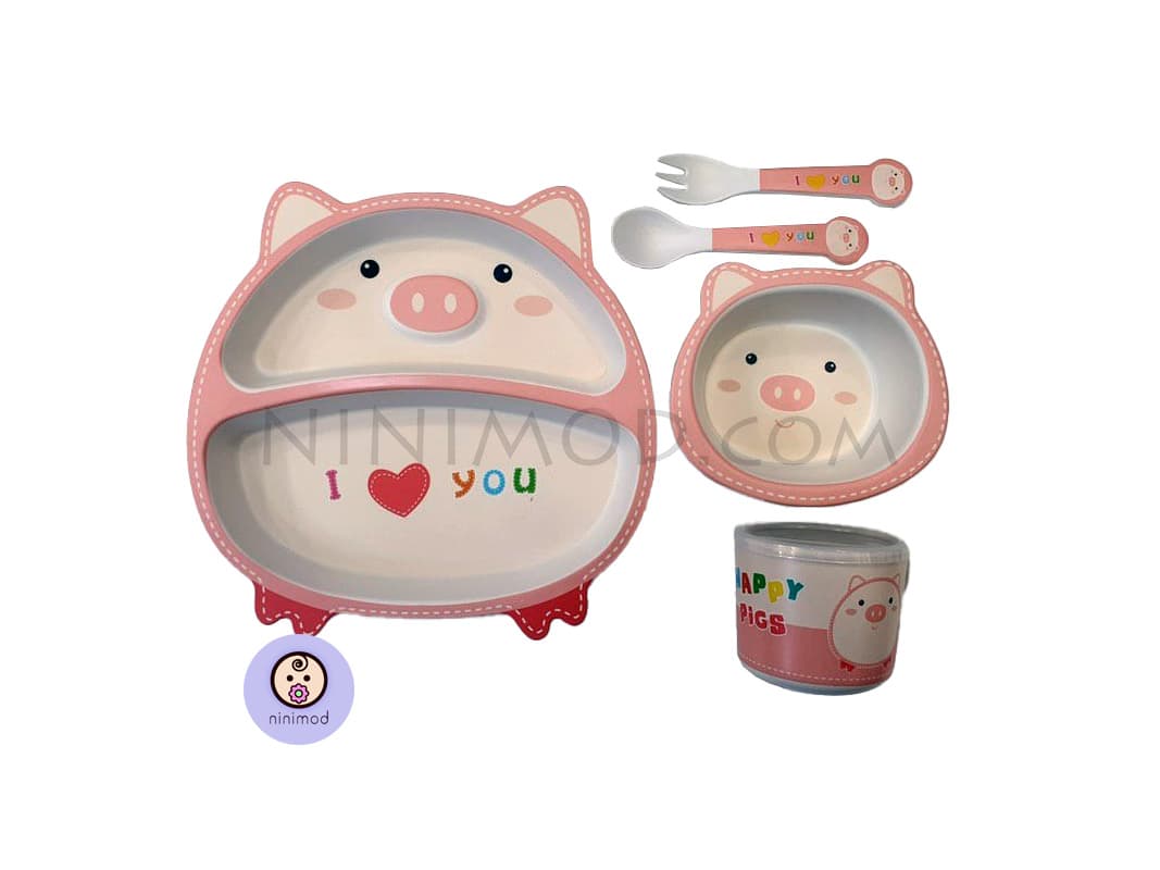 ست ظرف غذا خوری بامبو طرح Fat pig