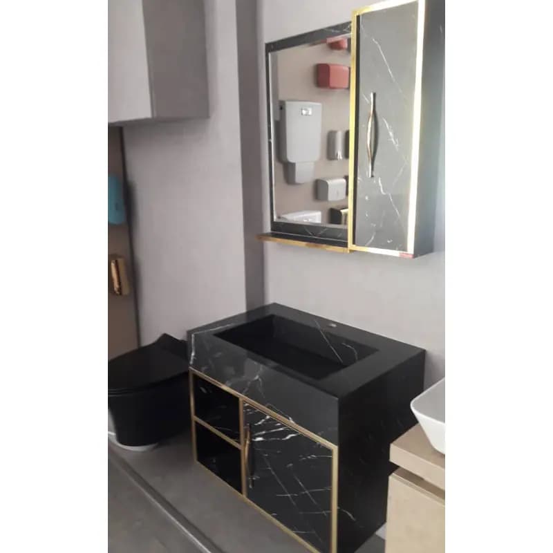 کابین روشویی فول ست لومیکس PVC مشکی کلکته طلایی با کاسه سرامیکی — تصویر ۲
