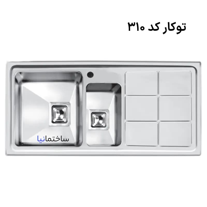 سینک ظرفشویی توکار اخوان مدل 310 با ورق استیل 304، ضخامت 0.8 میلیمتر و طراحی باکسی — تصویر ۲