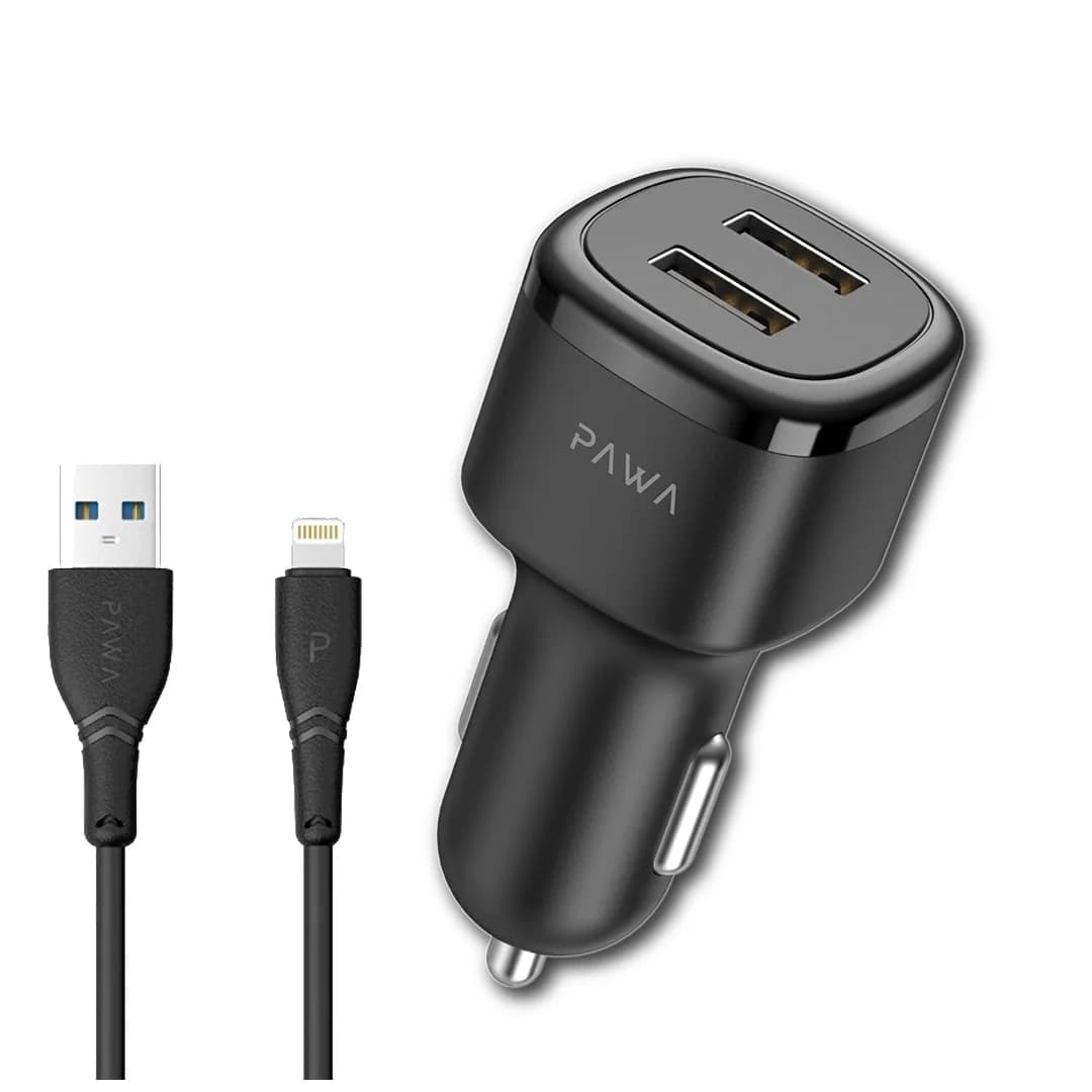 شارژر فندکی خودرو 2.4 آمپر پاوا مدل PW-24AICCL به همراه کابل USB به Lightning