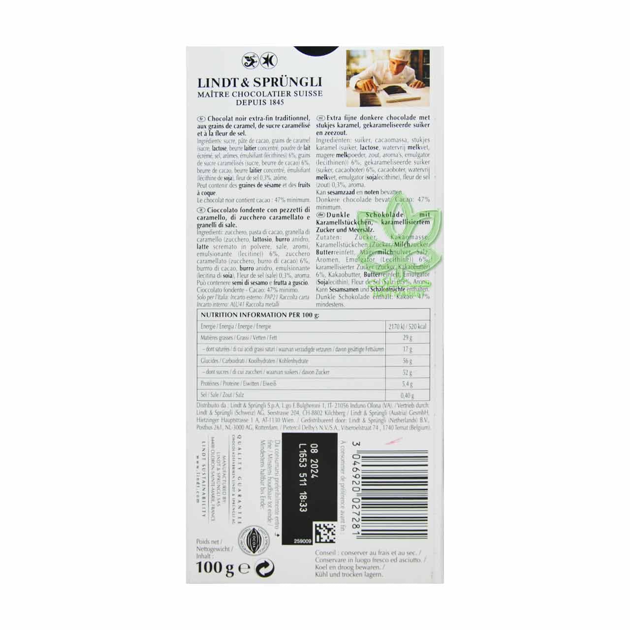 شکلات تلخ کارامل نمکی 100 گرم اکسلنس لینت – lindt — تصویر ۲
