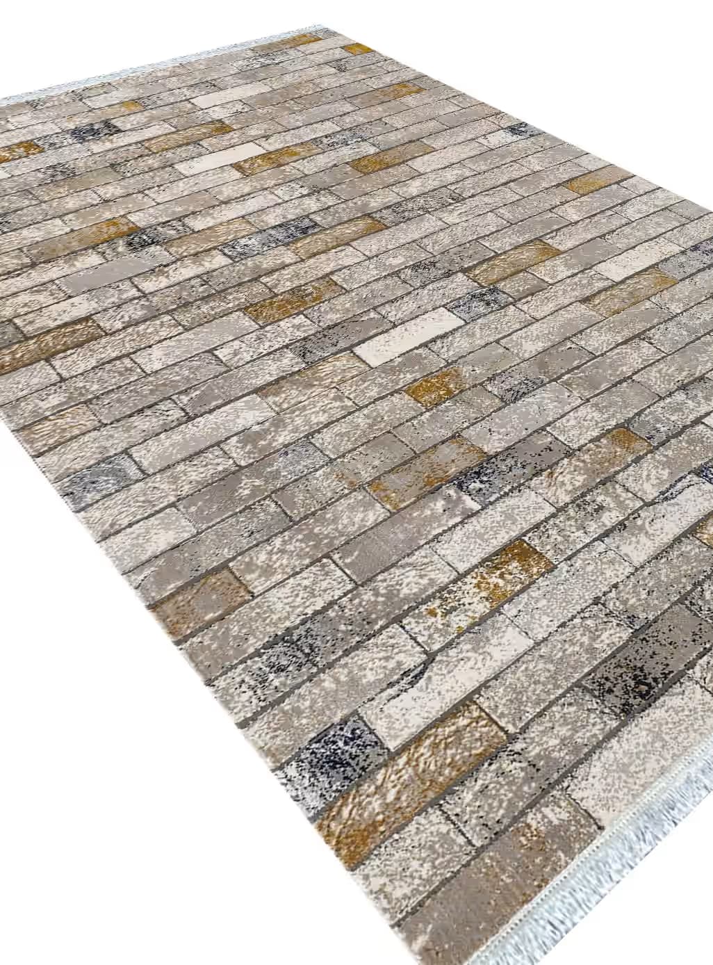 فرش وینتیج طرح آجرنما رنگ کرم بژ گل برجسته کد 42074