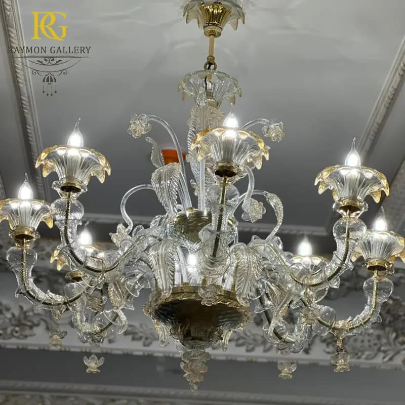 لوستر مورانو شفاف مدل ونیزی و آویز گل برگ بلوری (8 شاخه)