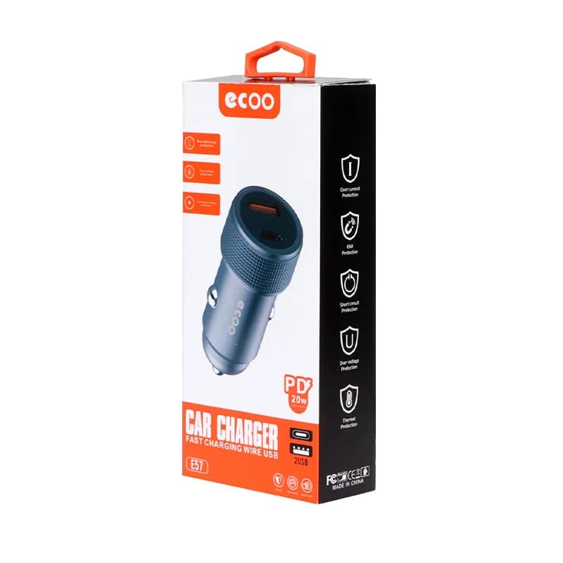 شارژر فندکی اکو PD 3A 20W مدل Ecoo E57 – طوسی — تصویر ۲
