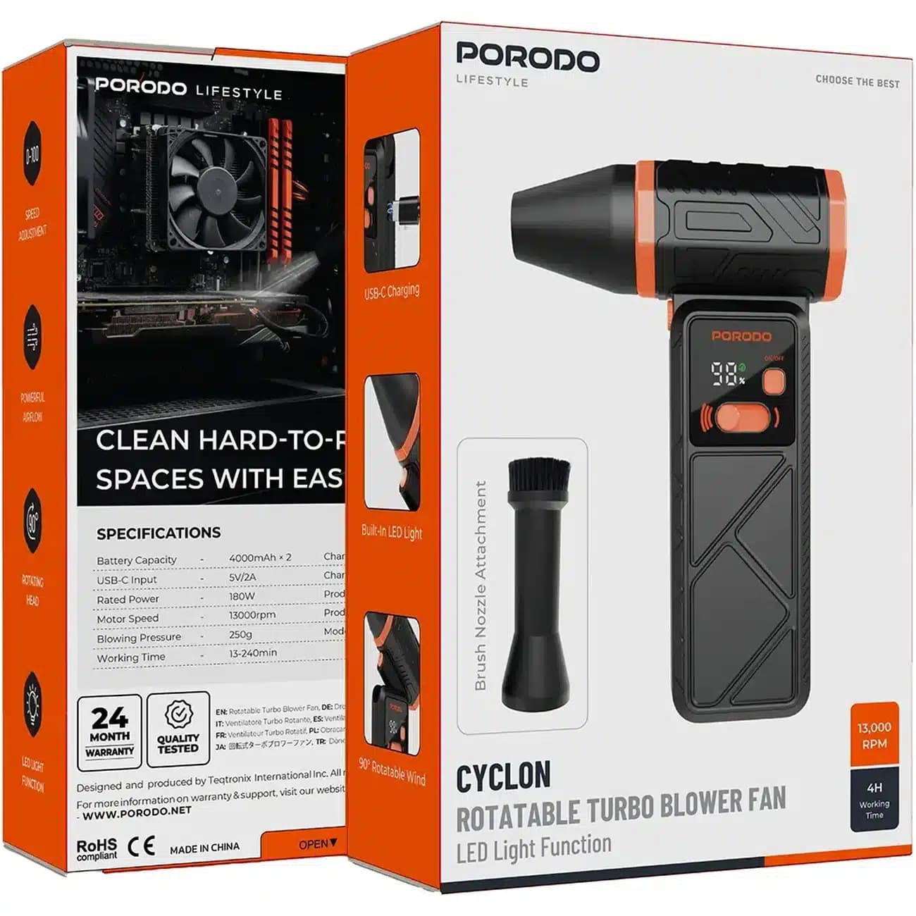 جت فن دمنده شارژی پورودو Porodo مدلPDLFSTNH28BK با سری چرخشی — تصویر ۲