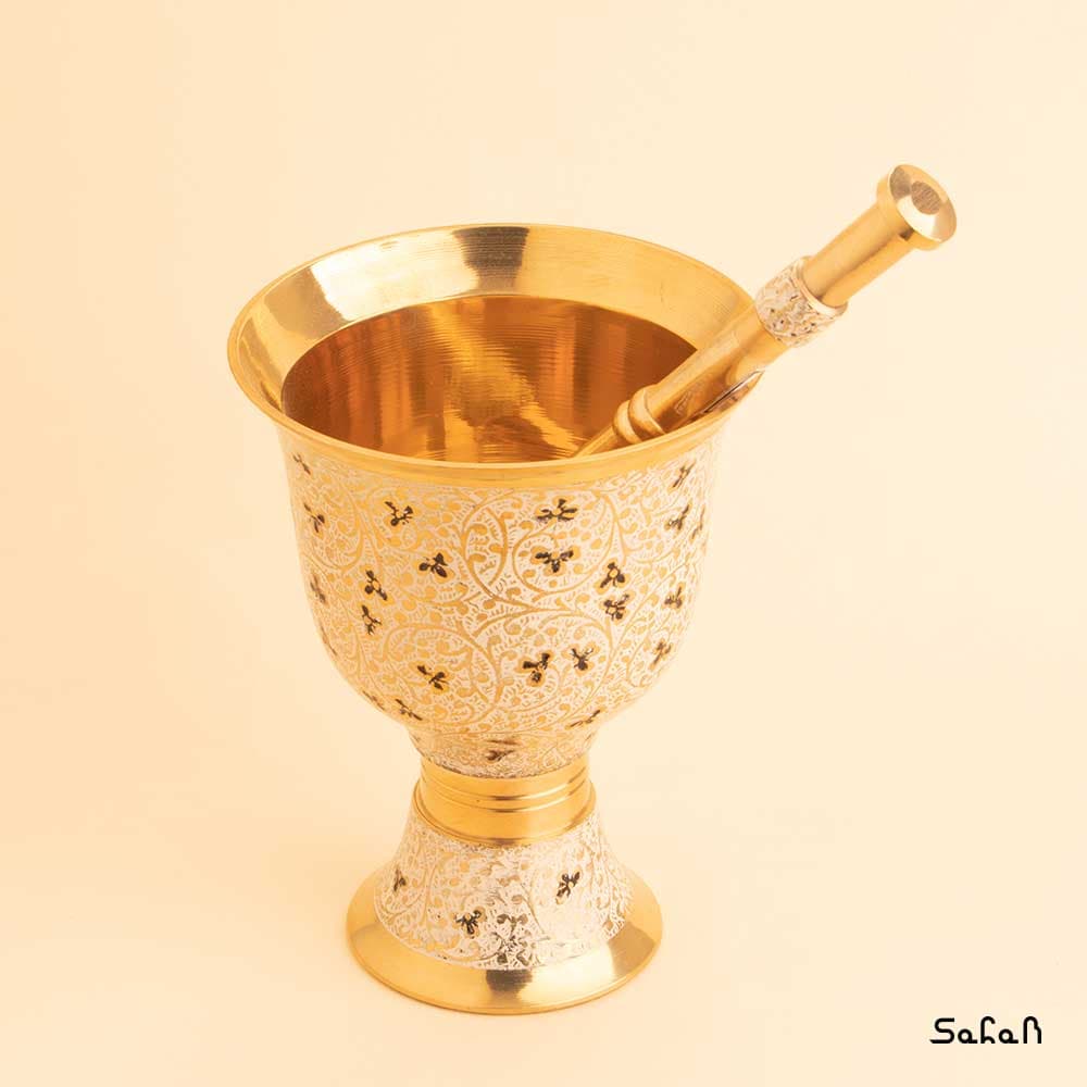 هاون برنجی میناکاری سفید مدل تاج