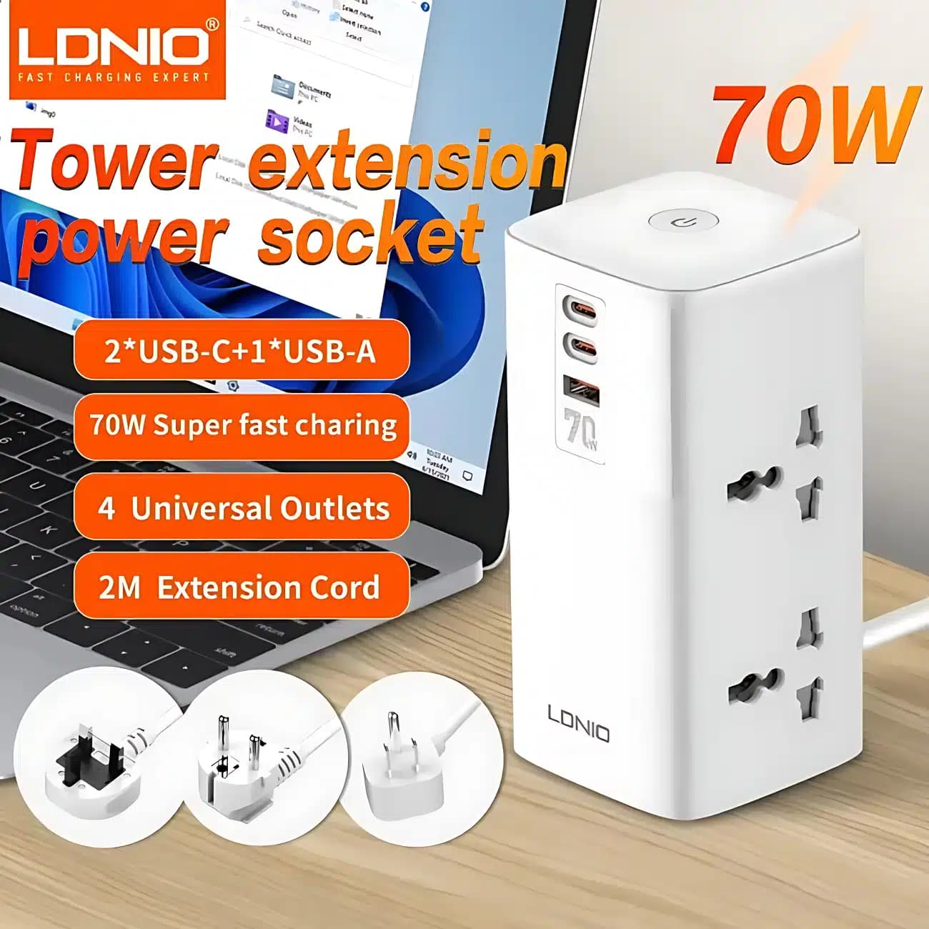چند راهی و محافظ برق 2500 وات چهار سوکت، دو تایپ‌ سی و یک یو اس بی 70 وات شارژ سریع رومیزی الدنیو SC4383 — تصویر ۸