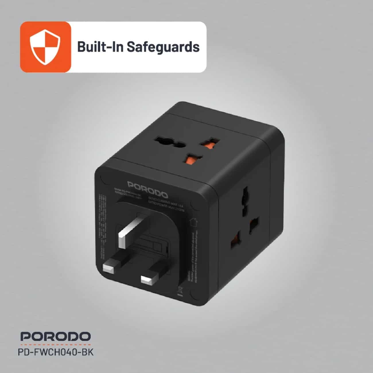 چند راهی برق دیواری پورودو Porodo مدل PD-FWCH040 با 4 سوکت و 3 پورت — تصویر ۳
