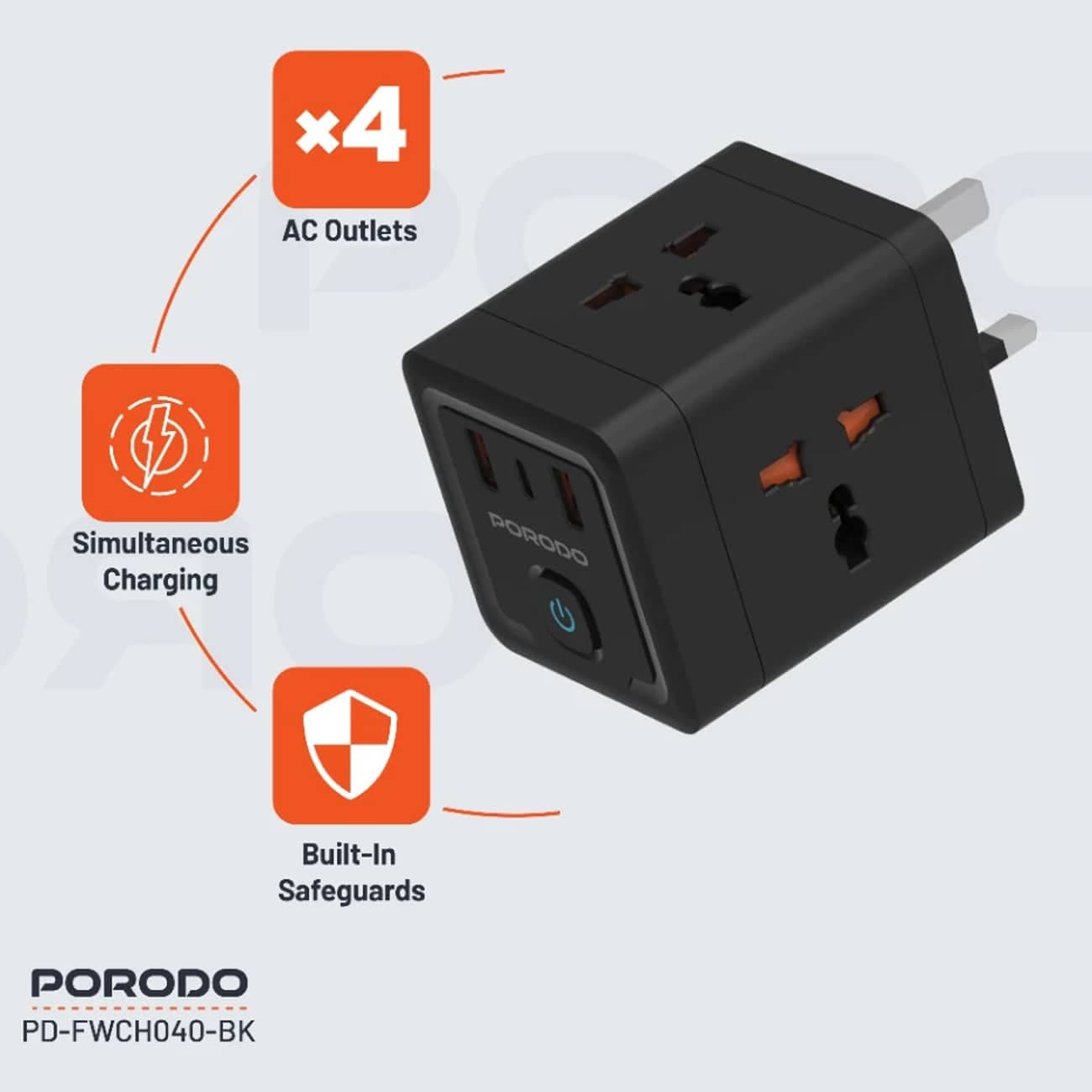 چند راهی برق دیواری پورودو Porodo مدل PD-FWCH040 با 4 سوکت و 3 پورت — تصویر ۲