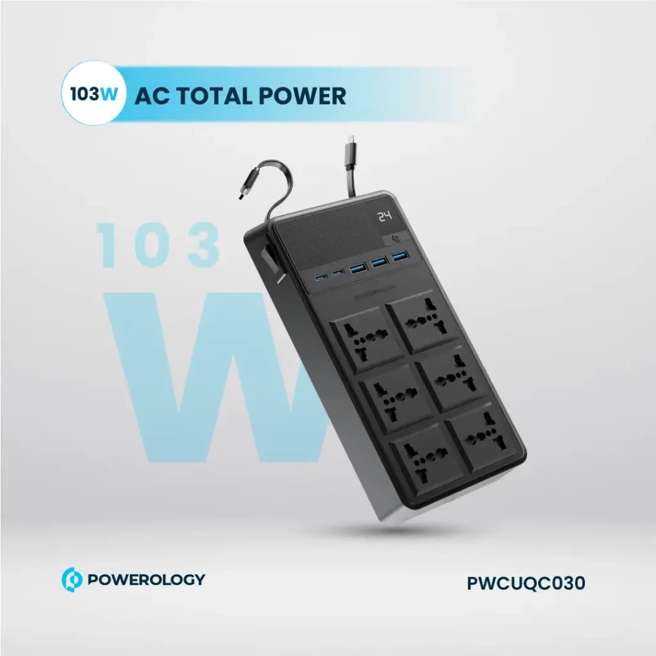 چند راهی برق پاورولوژی مدل PWCUQC030 با 6 سوکت، 5 پورت و کابل شارژ — تصویر ۶