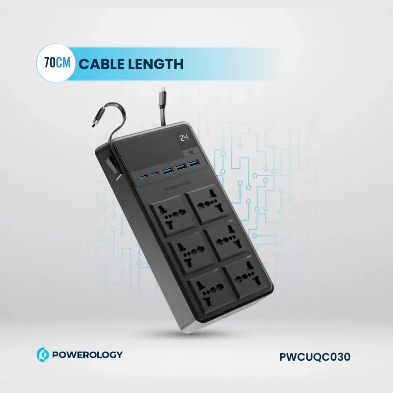 چند راهی برق پاورولوژی مدل PWCUQC030 با 6 سوکت، 5 پورت و کابل شارژ — تصویر ۵