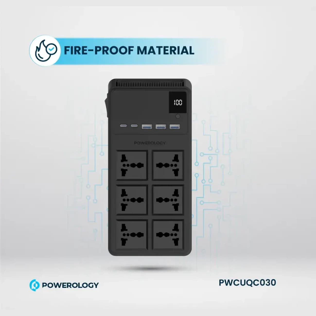 چند راهی برق پاورولوژی مدل PWCUQC030 با 6 سوکت، 5 پورت و کابل شارژ — تصویر ۳