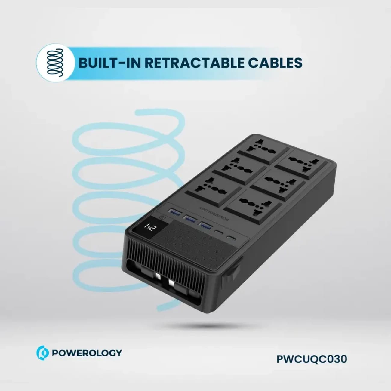 چند راهی برق پاورولوژی مدل PWCUQC030 با 6 سوکت، 5 پورت و کابل شارژ — تصویر ۴